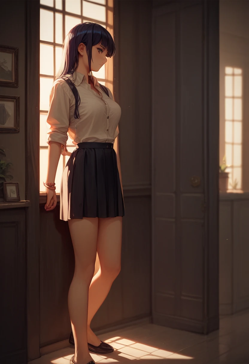 Hinata in her room ,  unbuttoning her blouse ,  the clasp down and let you see what the mesh in the form of a blouse has,  you can see the silhouette of her two breasts 