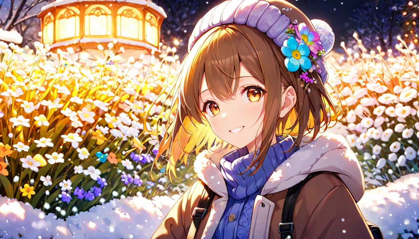 background：Small flower bed in the park 、 colorful winter flowers are blooming 。 expression： happily staring at the flowers and smiling 。 Costume： knitted hat and duffle coat 。 scene：( brown-haired girl wearing headphones ), ( quietly looking at flowers in the winter flower bed ), (glowing:1.4), ( very detailed , masterpiece,  top quality,  bright ), ( anime style), ( upper body or close-up ), ( orange eyes), (masterpiece:1.2), (best quality), (ultra detailed), (extremely detailed), (absolutely resolution), absurdres, 8k, 1girl, beautiful-landscape-background, shiny skin, break, ultra detailed eyes, bobcut。 