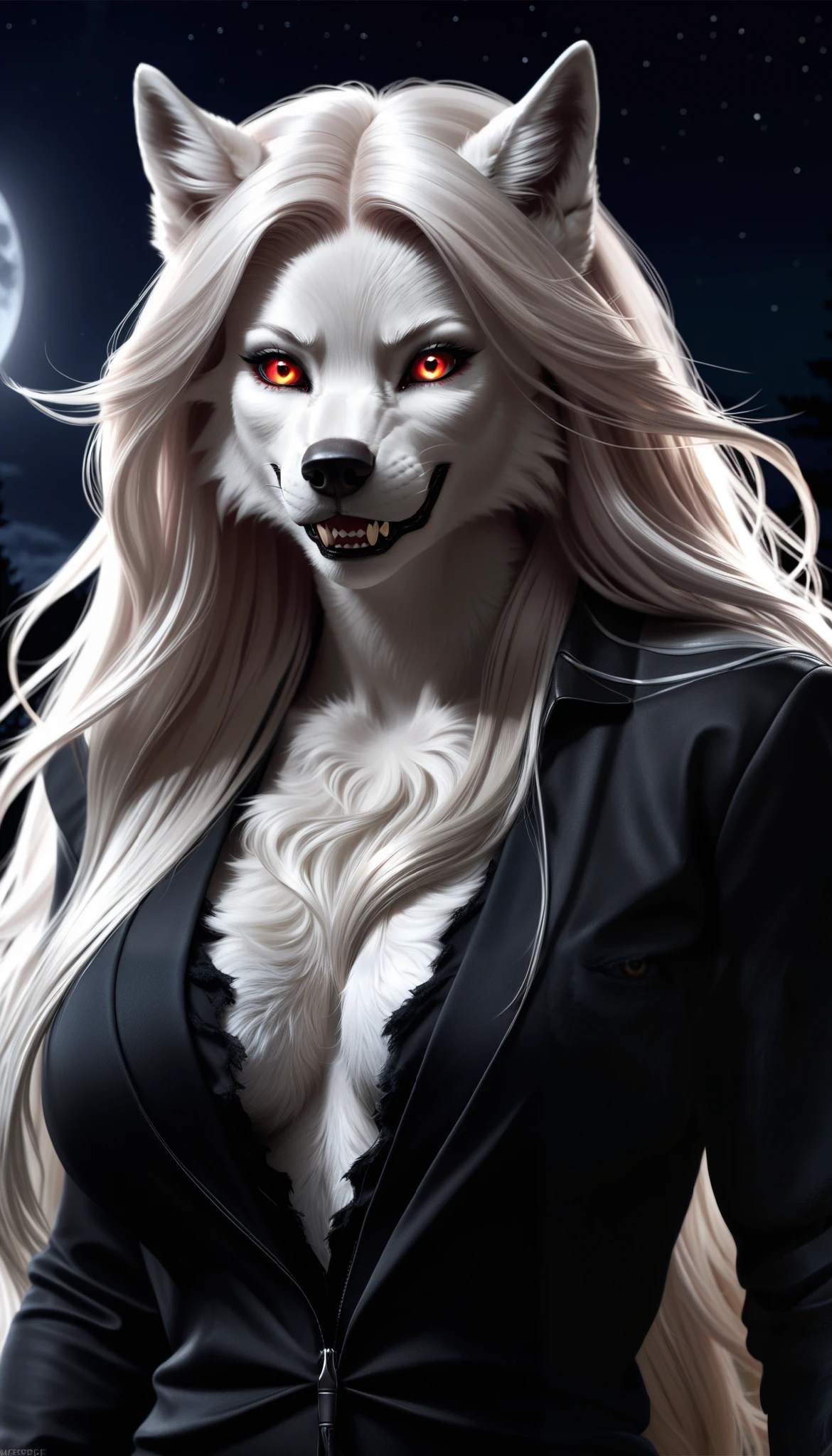 Masterpiece, realistic, photo-realistic, ultra-detailed, ultra-high res, close-up, female Werewolf, mature female anthro wolf, Anthropomorphic wolf, voluminous hair, furry wolf, sharp claws, glowing amber eyes, beautiful detailed eyes, crimson eyes, fang, (platinum hair, long hair, Thick layered medium double-tailed hairstyle, full layered thick hair), (detailed clothes, tattered clothing, exposing her toned, muscular physique), Her stance is powerful, high detailed fur, thick fur, fur is fluffy and soft, night sky,