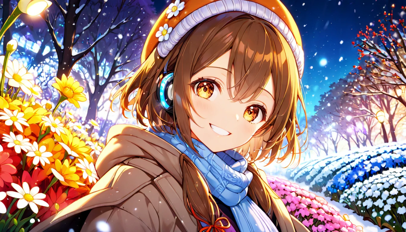 background：Small flower bed in the park 、 colorful winter flowers are blooming 。 expression： happily staring at the flowers and smiling 。 Costume： knitted hat and duffle coat 。 scene：( brown-haired girl wearing headphones ), ( quietly looking at flowers in the winter flower bed ), (glowing:1.4), ( very detailed , masterpiece,  top quality,  bright ), ( anime style), ( upper body or close-up ), ( orange eyes), (masterpiece:1.2), (best quality), (ultra detailed), (extremely detailed), (absolutely resolution), absurdres, 8k, 1girl, beautiful-landscape-background, shiny skin, break, ultra detailed eyes, bobcut。 