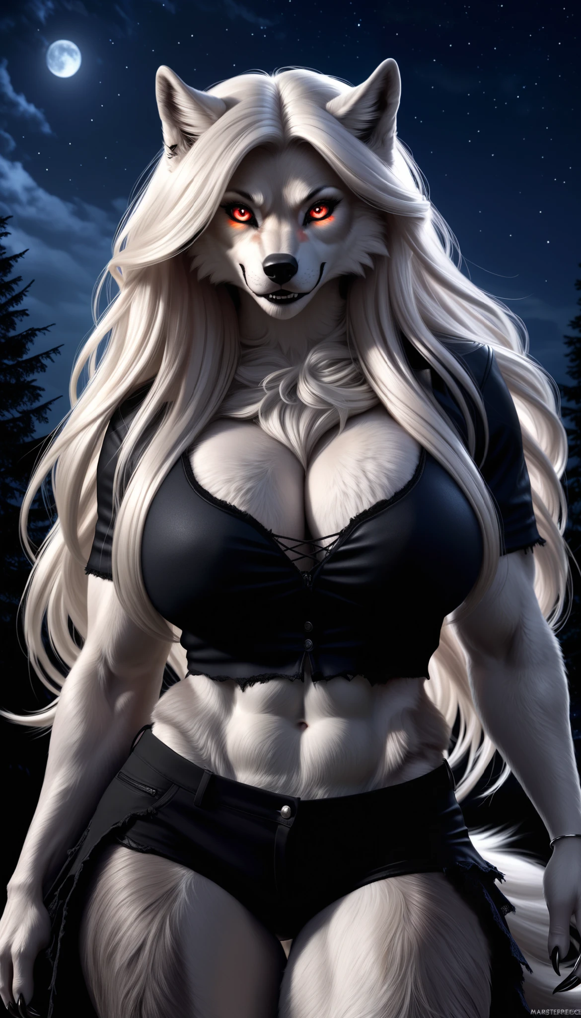 Masterpiece, realistic, photo-realistic, ultra-detailed, ultra-high res, close-up, female Werewolf, mature female anthro wolf, Anthropomorphic wolf, voluminous hair, furry wolf, sexy face, sharp claws, glowing amber eyes, beautiful detailed eyes, crimson eyes, fang, (platinum hair, long hair, Thick layered medium double-tailed hairstyle, full layered thick hair), (detailed clothes, tattered clothing, exposing her toned, muscular physique), Her stance is powerful, high detailed fur, thick fur, fur is fluffy and soft, voluptuous, night, starry sky,