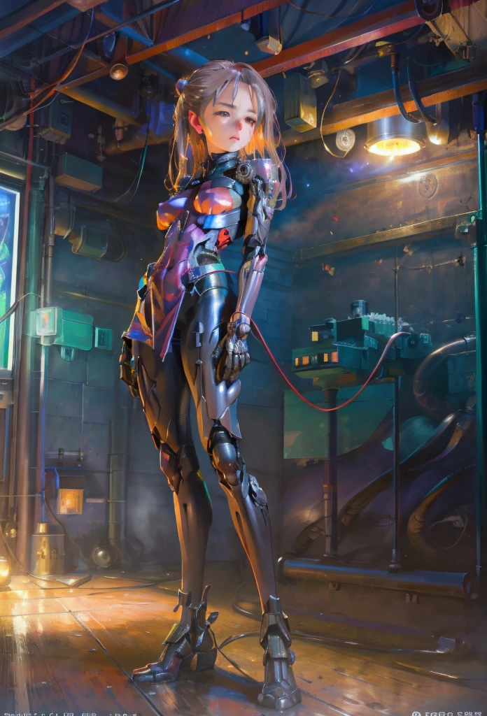 of the highest quality, masutepiece, Ultra High Resolution, ((Photorealistic: 1.4), Raw photo, 1 Cyberpunk Girl, Glossy skin, 1 Mechanical Girl, (super realistic details)), Mechanical limbs, Tubes connected to mechanical parts, Mechanical vertebrae attached to the spine, Mechanical cervical attachment to the neck, Wires and cables connecting to the head, Evangelion, Ghost in the Shell, Small glowing LED lamp, global lighting, Deep Shadows, Octane Rendering, 8K, ultrasharp, Metal, Intricate decoration details, Baroque style details, high intricate detailed, Realistic light, Trends in CG, Facing the camera, neon details, (android factory on background), Art by H.r. Giger and Alphonse Mucha. 、Highly photorealistic human beings、Perfectly round pupils、More on the amazing pupil iris、White teenage girl、Slightly baby-faced、a small face、Very human skin feel、ﾘｱﾙAreola、ﾘｱﾙ、fissure、A 14-year-old girl、full body Esbian、7headed body、with round face、(Not a crushing eye)、Rocket-shaped big、