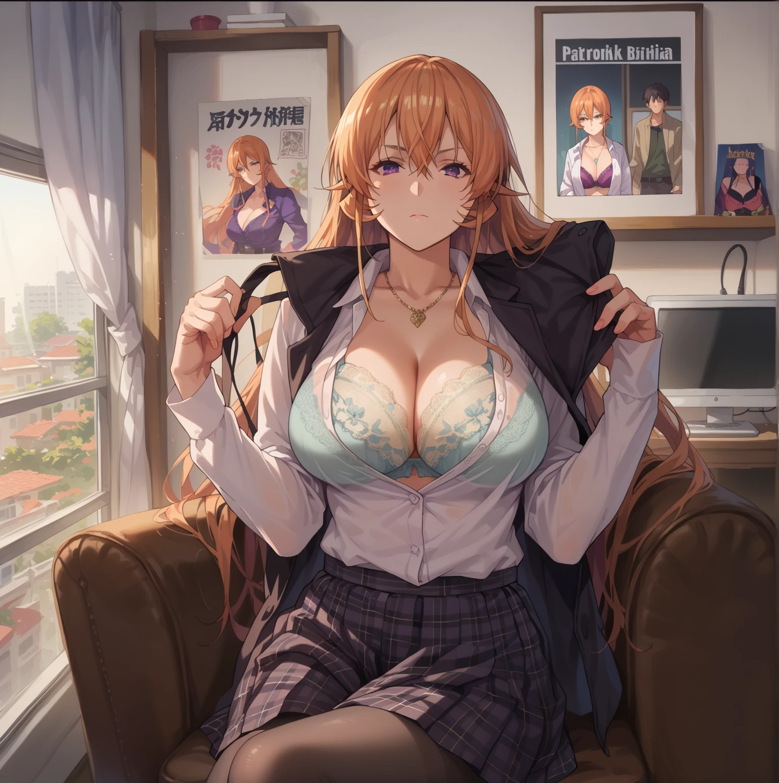 Close mouth, Mature female, fit girl, score_9, score_8_up, score_7_up, score_6_up, score_5_up, score_4_up, BREAK source_anime,1girl,erina nakiri, long hair, orange hair, hair between eyes,purple eyes,huge breasts, breasts, breasts,1girl, pantyhose, breasts, solo, long_hair, skirt, sitting, jewelry, bra, looking_at_viewer, necklace, shirt, underwear, cleavage, open_clothes, open_shirt, plaid_skirt, indoors, plaid, white_shirt, black_pantyhose, poster_(object), long_sleeves