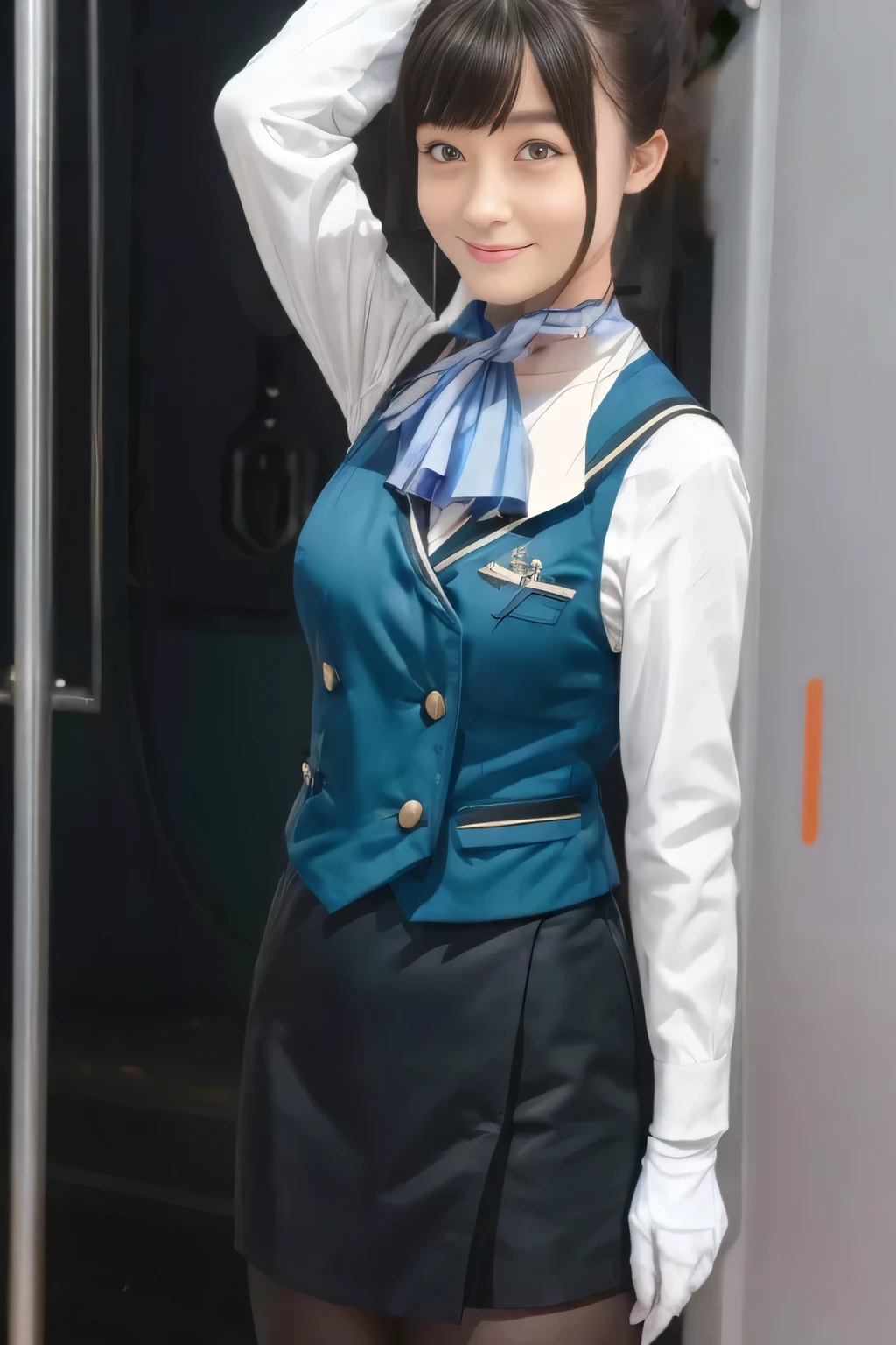 ( masterpiece :1.2,  top quality:1.2), 32kHDR,  kampala, (Alone、  1 girl)、（what 、  PROFESSIONAL LIGHTING ）、In-flight background、（Nankai Train crew uniformを着たリアルなスタイル）、（（Nankai Train crew uniformのグリーンのベスト））、（（ Nankai train crew uniform collarless white long sleeve blouse）） 、（（Nankai Train crew uniformのキュロットスカート 、 wrap a scarf around your neck ））、  lots of dark brown hair  、（  long hair、Hair tied up、Hair tied up）、  lots of dark brown hair  、 Long Hit 、Big Breasts、Thin legs、（（ Amazing hands ：2.0）），（（ Harmonious physique  ：1.5）），（（Normal limbs：2.0）），（（The usual ：2.0）），（（  delicate eyes ：2.0）），（（Normal eyes：2.0））)、smile、（Nankai Train crew uniformを着た美しい姿）、Hands folded under the body 