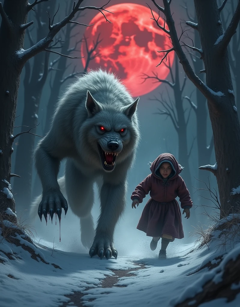  a terrifying hungry werewolf  ( red eyes , bloody saliva in her mouth drips into the snow ) huge claws ,white fur , tail, chases a cute frightened peasant girl through the winter evening forest( dressed in the winter clothes of 17th century peasants ), in my eyes, horror ,from the mouth of steam (Cold ,frost), path in the dark evening forest , run away from the werewolf ,full moon( big blood-red moon ), photorealism ,maximum quality , Maximum details , photorealism ,horrors, detailed characters (focus on the girl's face ,fright,(the girl in the foreground runs away from a werewolf 