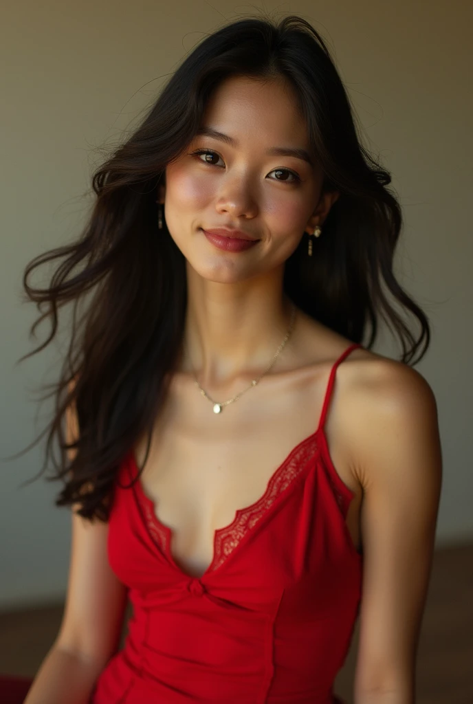 high quality, 8k, masterpiece, Photorealistic, Sharp focus, High resolution, Portraiture, alone, Skinny Japanese woman, 40 years old, Apartment entrance, (((Take a full body photo))), (smile), Mature Woman, Sweaty skin, ((Brown Hair)), ((Red camisole, Beige knit cardigan)), Small breasts, Very small waist, No makeup, Detailed face, Detailed eyes,(Small breasts, Small breasts, Flat Chest, Small bust size:1.4),Long medium straight hair,明るいBrown Hair,