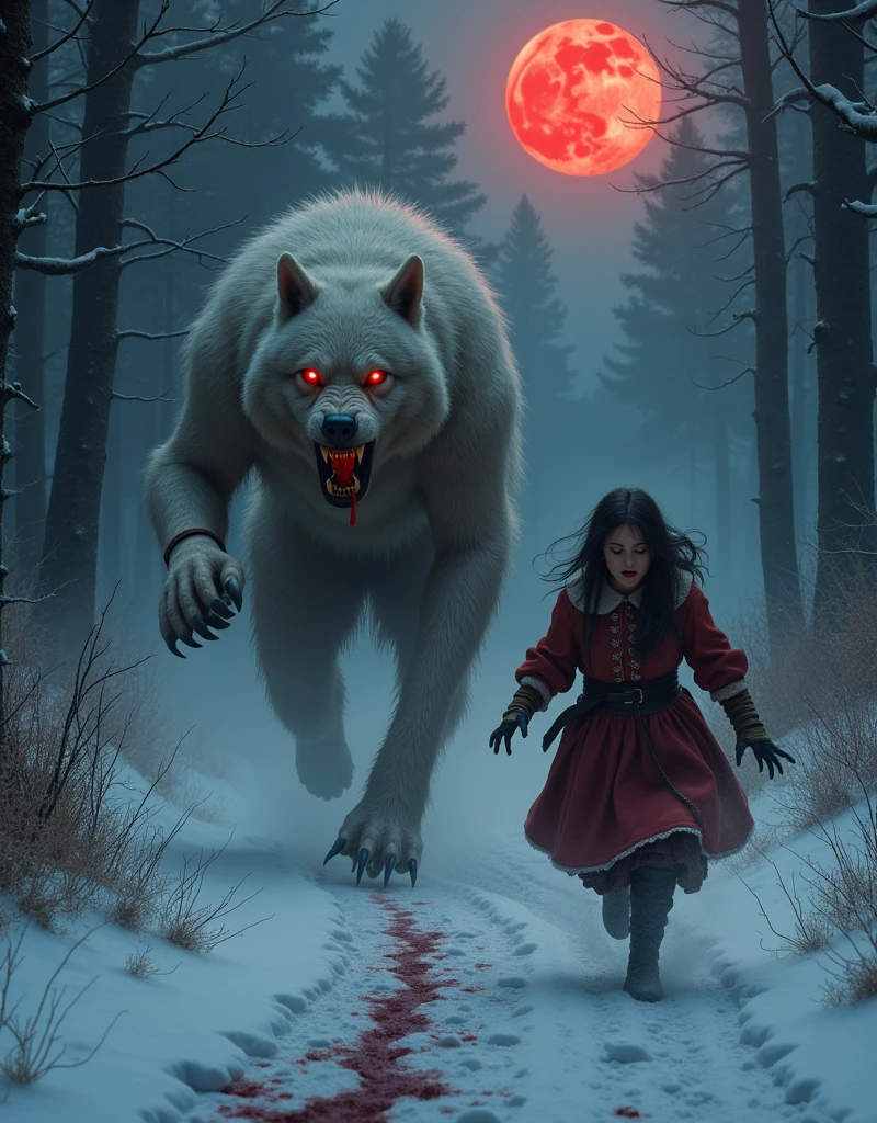  a terrifying hungry werewolf  ( red eyes , bloody saliva in her mouth drips into the snow ) huge claws ,white fur , tail, chases a cute frightened peasant girl through the winter evening forest( dressed in the winter clothes of 17th century peasants ), in my eyes, horror ,from the mouth of steam (Cold ,frost), path in the dark evening forest , run away from the werewolf ,full moon( big blood-red moon ), photorealism ,maximum quality , Maximum details , photorealism ,horrors, detailed characters (focus on the girl's face ,fright,(the girl in the foreground runs away from a werewolf 