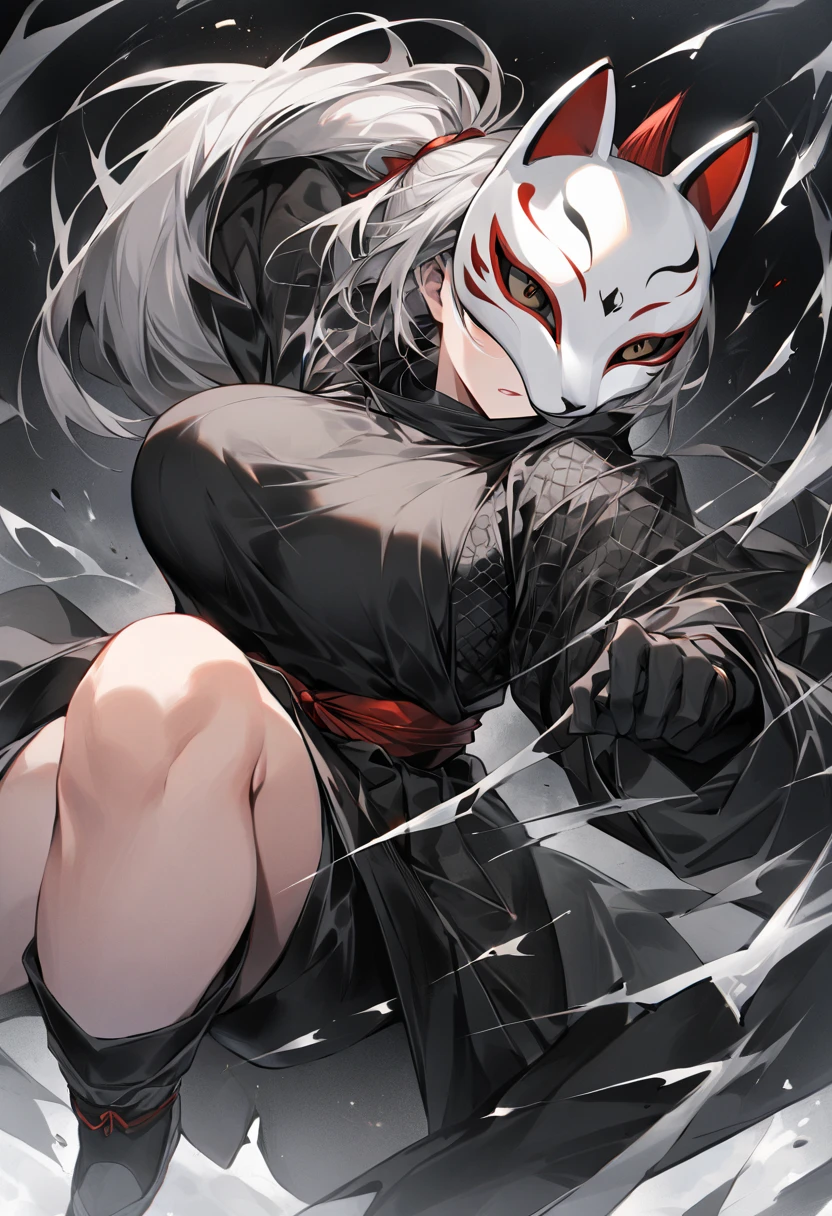 (超 high definition , masterpiece,  anatomically correct,  top quality,  high definition ),  girl, Ninja,  beautiful shining ponytail , Big breasts that are about to spill out,  clevis on a stone, Side view of chest:1.3, Thighs,  Silver Hair,隙間だらけのNinja衣装:1.3, Coarse mesh inner,  has a dagger,  Open Your Legs Wide:1.3, Fox Mask, Illustration,  full shot ,  angle from below :1.3, Attack from the Night 