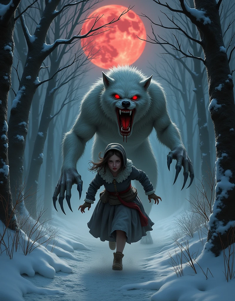  a terrifying hungry werewolf  ( red eyes , bloody saliva in her mouth drips into the snow ) huge claws ,white fur , tail, chases a cute frightened peasant girl through the winter evening forest( dressed in the winter clothes of 17th century peasants ), in my eyes, horror ,from the mouth of steam (Cold ,frost), path in the dark evening forest , run away from the werewolf ,full moon( big blood-red moon ), photorealism ,maximum quality , Maximum details , photorealism ,horrors, detailed characters (focus on the girl's face ,fright,(the girl in the foreground runs away from a werewolf 