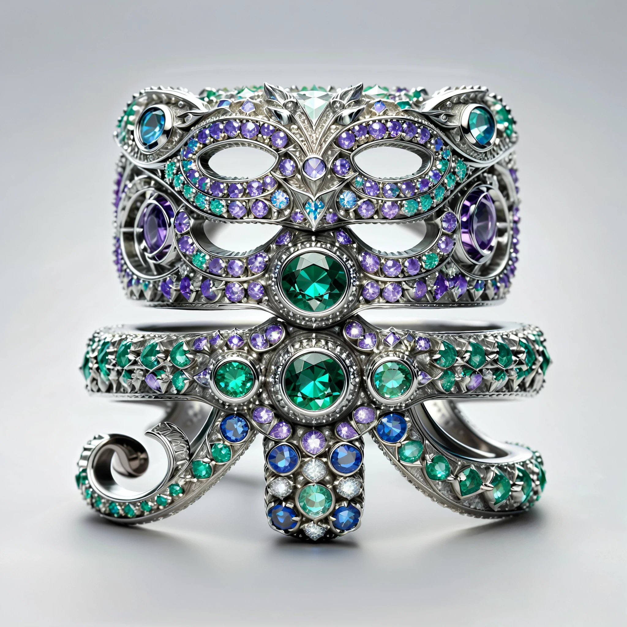 masterpiece, top quality, ( Nothing but the Ring), (no one), Dragon Head Ring , Emerald Inlaid Eyes , Made in platinum, Circles One End to the Other , Delicate silver ring , Soft Mist , luster, Positive image, Sparkling Blue Purple Gems , Elegant noble, Simple background , Extremely Detailed , extremist , Elegant, Gorgeous, surrealism , Super Detailed (( white background ))
