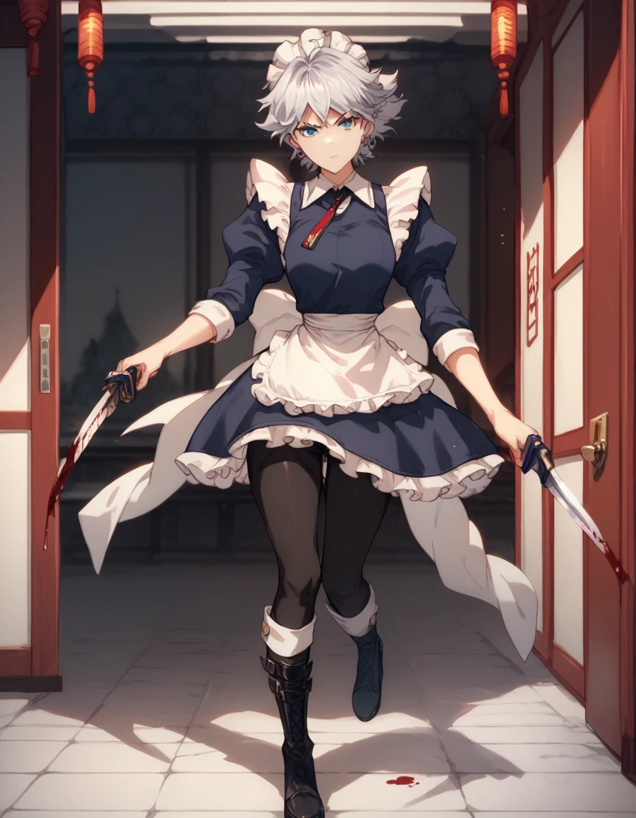  Sixteen Night Sakaki Night （Oriental Project）, maid outfit ,Thighs, Silver Hair, blue eyes, Viewer Target,, black pants,Inside the building, knife that makes blood fly, boots