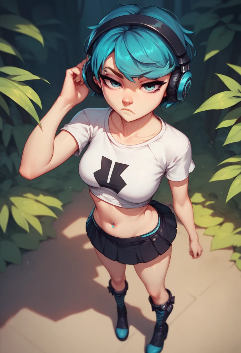 Anime style,  girl , Gwen , short hair blue and black,  headphones ,bored face, looking at viewer , view from above, medium breasts,  shirt , belly button piercing,  mini-skirt,  panthyhose,  long boots,  standing forest