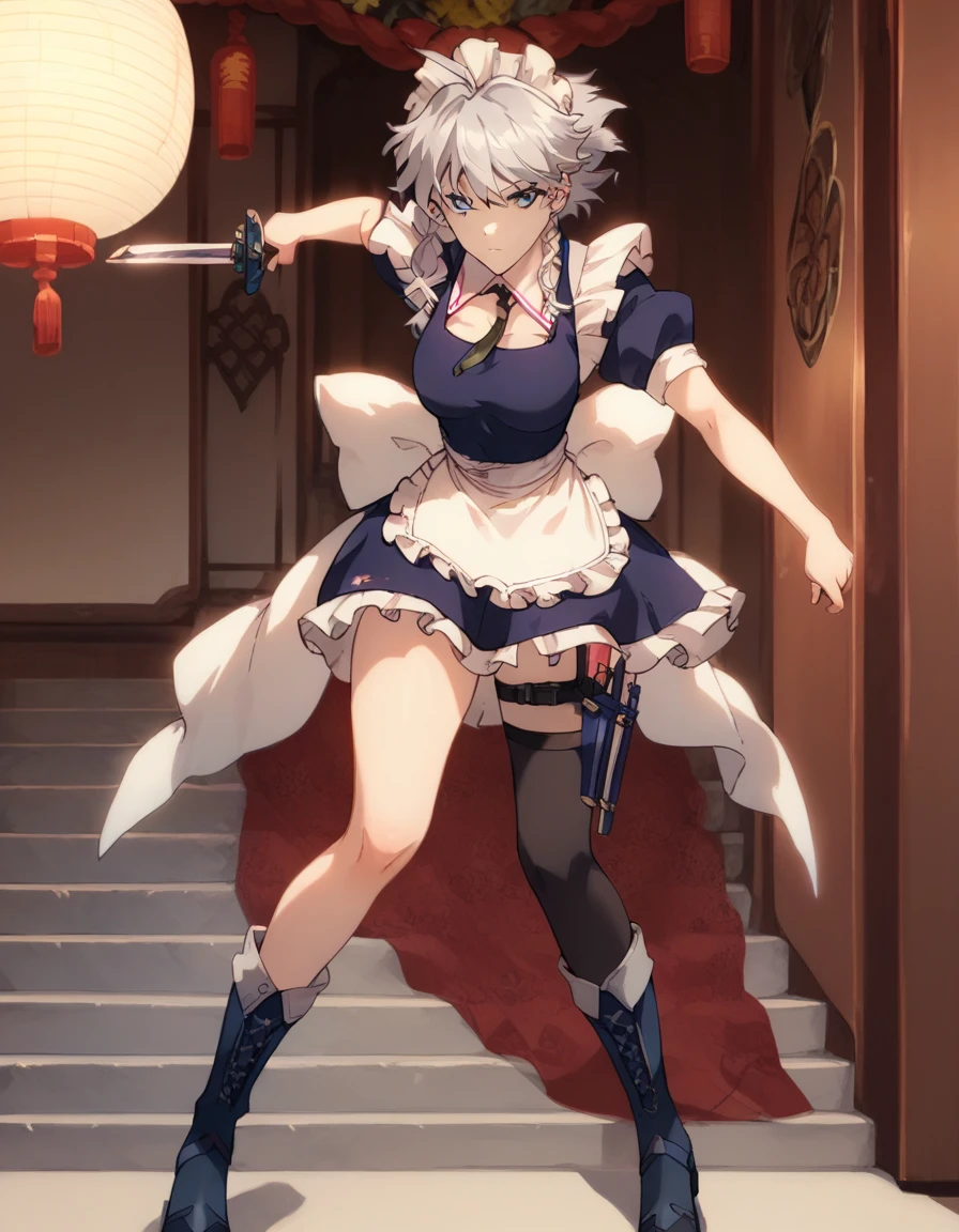  Sixteen Night Sakaki Night （Oriental Project）, maid outfit ,Thighs, Silver Hair, blue eyes, Viewer Target,, black pants,Inside the building, knife that makes blood fly, boots