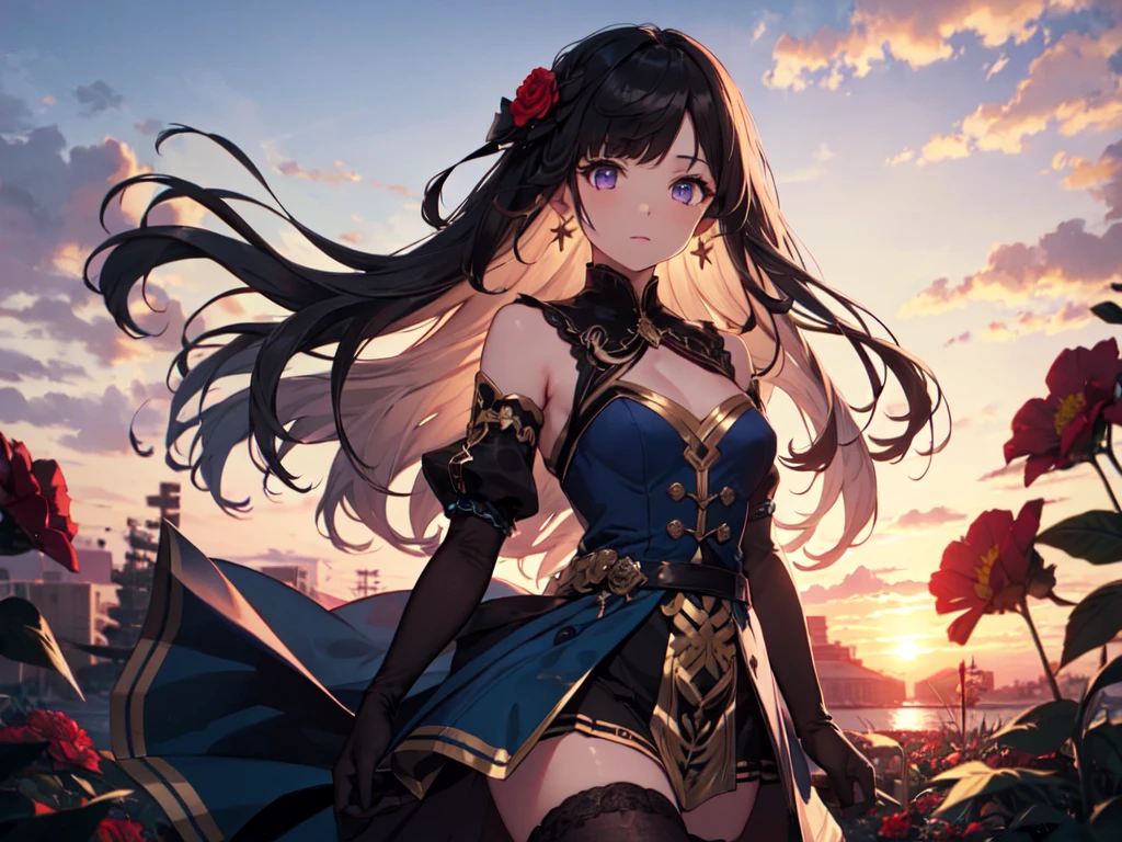 Solo girl, one girl, arms crossed, flat chest, black hair, vertical curls, teardrop shaped earrings, blue satin dress, blue satin skirt, black see-through bust, black see-through sleeves, black see-through shoulders, black stockings, gold chain decoration on waist, black opera gloves, (surrounded by lots of red flowers), (sunset sky, sunset, evening sky), (low angle focus on chest), (8k, high resolution, masterpiece, accurate, anatomically correct, multiple awards, top quality, detailed, high quality model, high quality, quality, retina, highly detailed, textured skin, ultra high resolution).