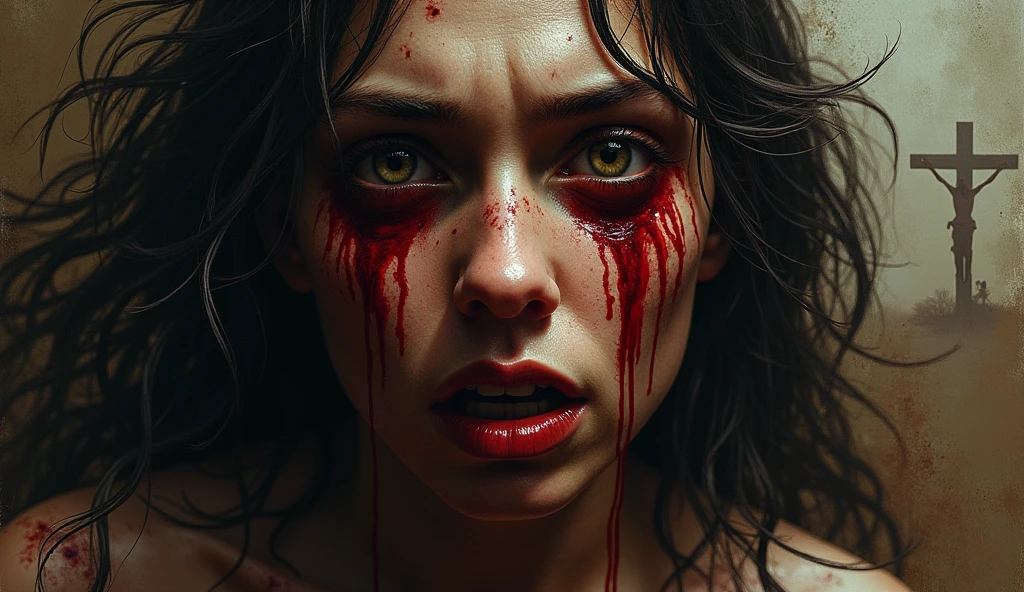 high detailed 1girl, extremely detailed eyes and face, long eyelashes, beautiful detailed eyes, beautiful detailed lips, angry expression, clenched fist, blood dripping, dark gothic style, moody lighting, dramatic chiaroscuro, cinematic composition, deep red and black colors, oil painting, digital painting, 8k, high resolution, photorealistic, masterpiece
