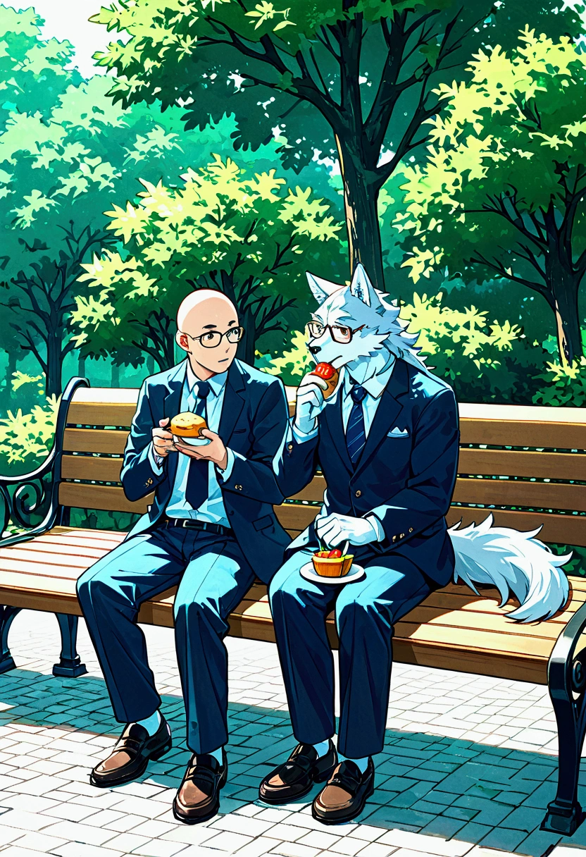 1boy\((wolf:1.4),(kemono),(furry),old,bald hair, suit, businessman,  glasses, eating lunch. at the bench, in a park, solitude\).The park is a nice day and ren are playing. . score_9, score_8_up, score_7_up, score_6_up, score_5_up, score_4_up, source_anime,source_furry,rating_safe,rating_questionable,masterpiece, best quality, perfect anatomy , very aesthetic , absurdres,