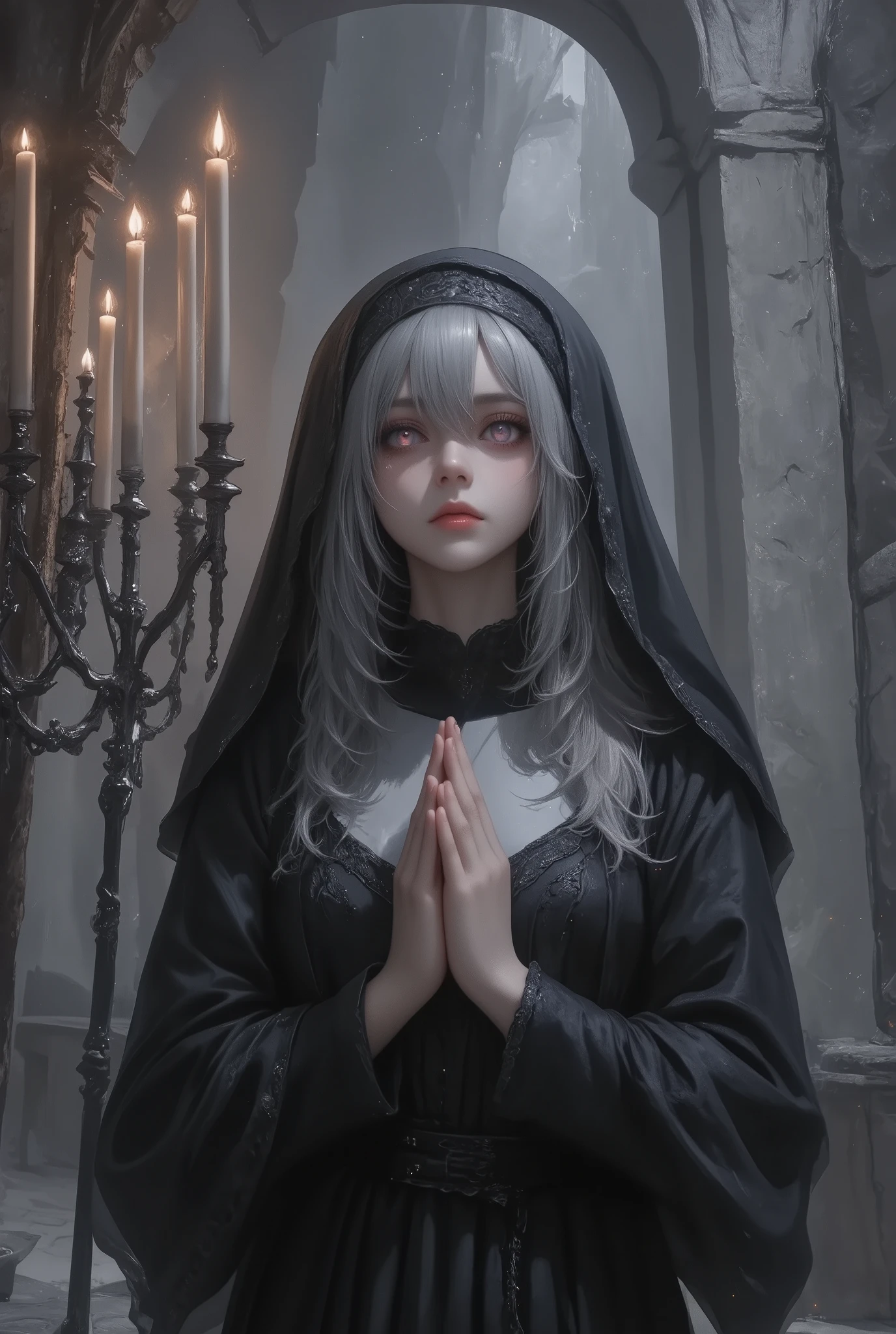 masterpiece, best quality, 8k, highres, ultra-detailed,HDR, UHD, studio lighting, ultra-fine painting, sharp focus, physically-based rendering, extreme detail description, professional, bailing_darkness
,illustration,(low angle), BREAK, 1girl, silver-haired nun, wearing a dark nun outfit with veil, praying with hands clasped, solemn expression, Absurdly beautiful, Look down,(look at viewer),Eyes that glow red vaguely,BREAK, no windows or stained glass, only light from candles on candelabra, dark and oppressive atmosphere, sense of despair and hopelessness, gothic and eerie vibe, shadows casting across cracked walls,girl focus,