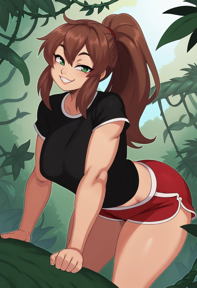 score_9, score_8_up, score_7_up, 1girl, long hair, bangs, brown hair, green eyes, ponytail,, shirt, short sleeves, shorts, black shirt, short shorts, t-shirt, red shorts, dolphin shorts, jungle, dense, wildlife, vines, green, smile, bent over, smug, looking at viewer, solo, dutch angle, cowboy shot, S2Z0n1c21.5XL style
