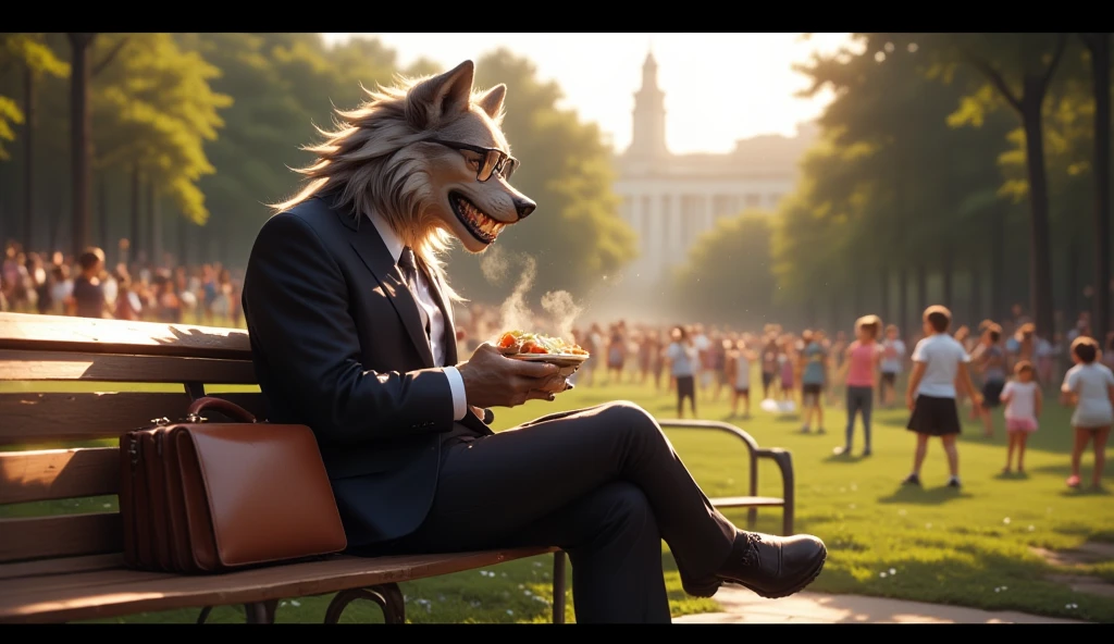 A balding, aged suited businessman werewolf with glasses is eating his lunch at the bench in a park in solitude.The park is a nice day and s are playing.safe for work.