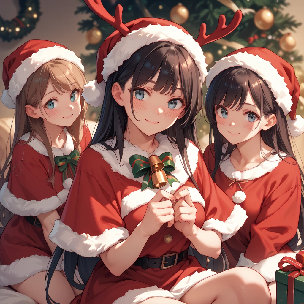 blush, 4 girls, friends ,smile, Alone,  High resolution , breasts, smile, blush,  Christmas costume  , Gift in hand