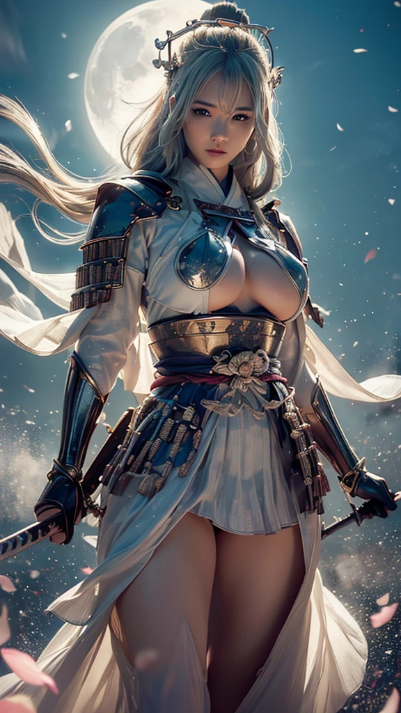 {best quality}, {very aesthetic}, {ultra-detailed}, nsfw、((look at viewer)) 、((intense angle))、A sexy female character wearing white and milky armor as a warrior from the Sengoku period、((realistic))、((drill hair))、((Silver gray hair ))、((toned body))、(glistening skin)、 toned body、((huge breasts))、((side boob))、Big Breasts、 plump thighs、 white cream armor with a flower pattern engraved with a Tsukishita beauty flower pattern 、((side boob))、(  wearing a cloak with a flower pattern by Tsukishita beauty )、(shrine maiden clothes)、(rah-rah skirt)、White milky shin guard with beautiful flowers engraved on it 、White-milky high-leg underwear 、 pink tights that make you have huge breasts、 absolute domain、((holding with a spear))、Holding a gun、Dramatic lighting、((Moonlight at night))、(( Tsukishita beauty's flowers are dancing ))、(( flowers blooming in full bloom in the background ))、(( large Tsukishita beauty flowers blooming in full bloom on the front ))、 cinema-like scene 、 Max Image、 Ultra High Definition、8k、masterpiece、crisp quality、