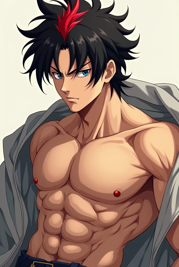 anime boy ,robust, sexy, no shirt, muscular ,moreno, amber eyes, short wavy black hair, really shy
, sensual , huge , with pectorals