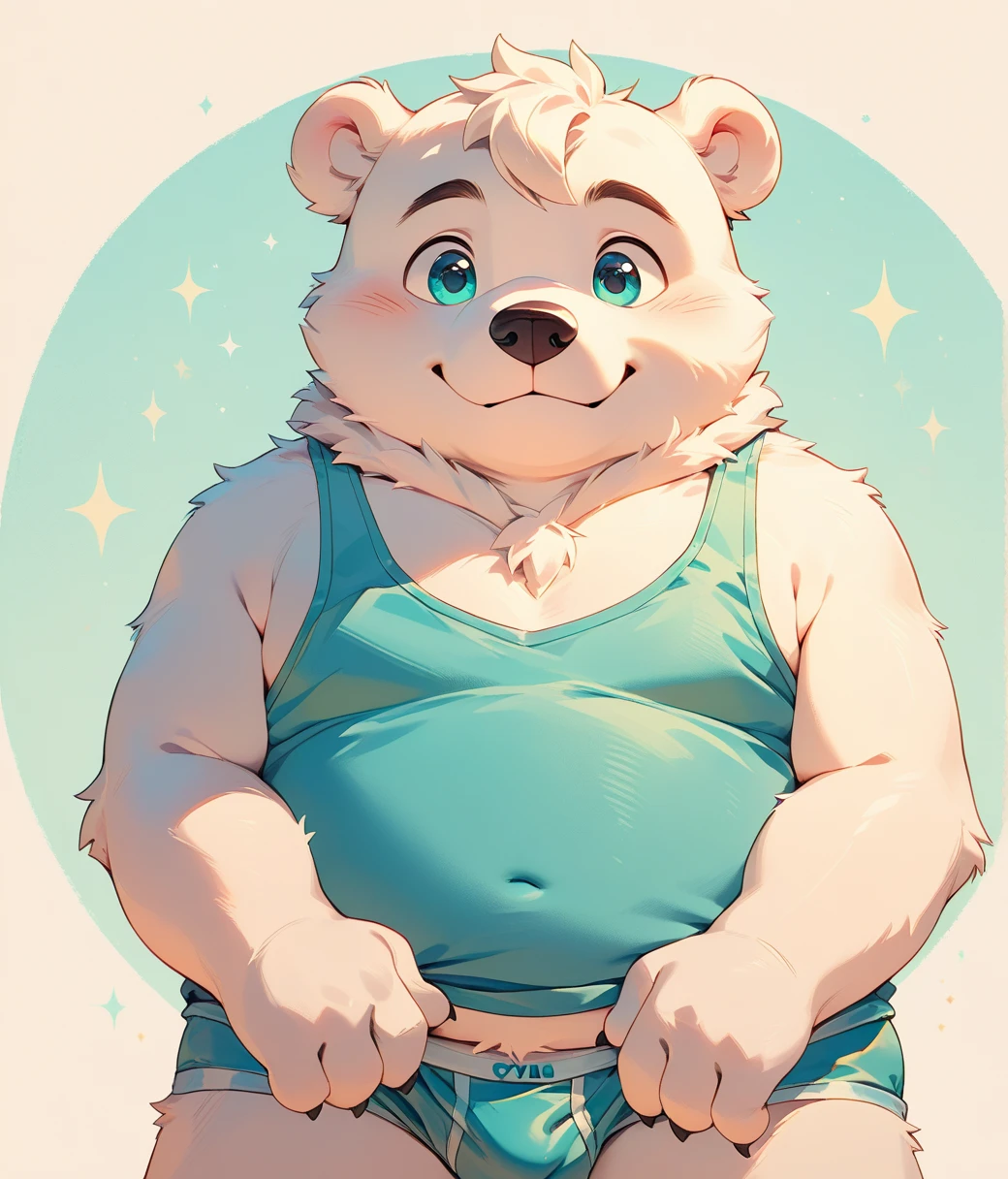 (cute, chubby male, anthro, polar bear cub), cutepets, ((cyan eyes, cyan tank top, cyan briefs)), hires textures, highly detailed, intricate details, best quality, masterpiece, detailxl