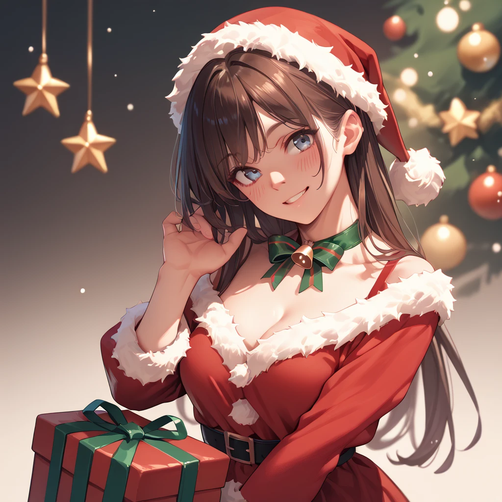 Alone,  High resolution , breasts, smile, blush,  Christmas costume  , Gift in hand