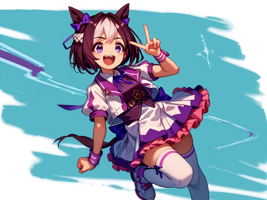 best quality, absurdres, masterpiece, 
special week \(Uma Musume\), 
smiling, making a V sign, ear bow, purple bow, puffy short sleeves, neck ribbon, blue ribbon, cropped jacket, white jacket, two-tone jacket, collared shirt, white shirt, purple vest, wristband, wrist cuffs, white skirt, pleated skirt, two-tone skirt, frilled skirt, frills,   zettai ryouiki, white thighhighs, white footwear, purple footwear, asymmetrical footwear, mismatched footwear, Durable sneakers, laughing, flushed, making a fist