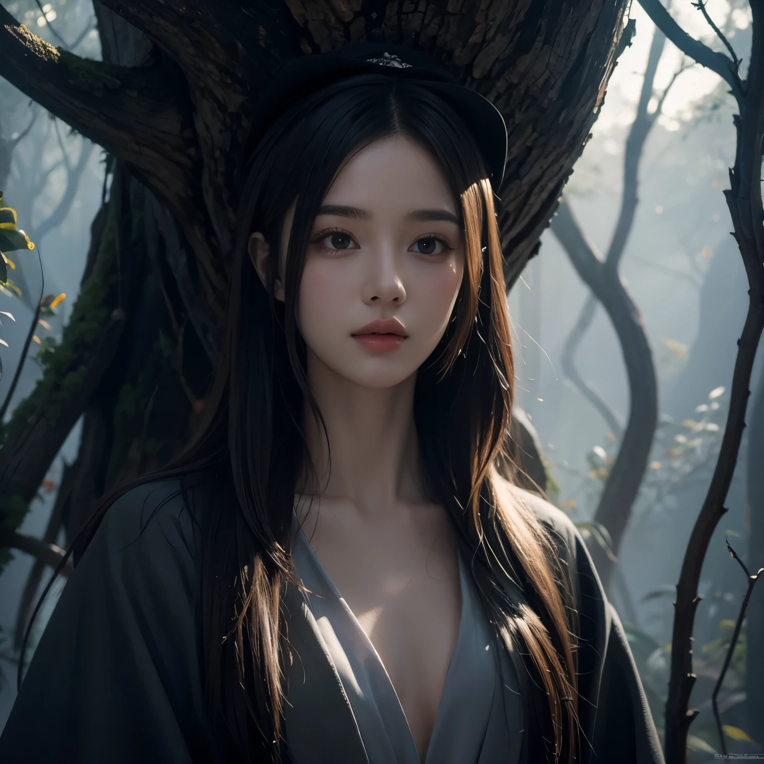  a beautiful girl in a grey robe standing in a dark forest, Epic Style, Octane Rendering, The desert makes up ,  beautiful face ,  surrealism , painting, Awards, masterpiece, trending on artstation,  Studio Ghibli 