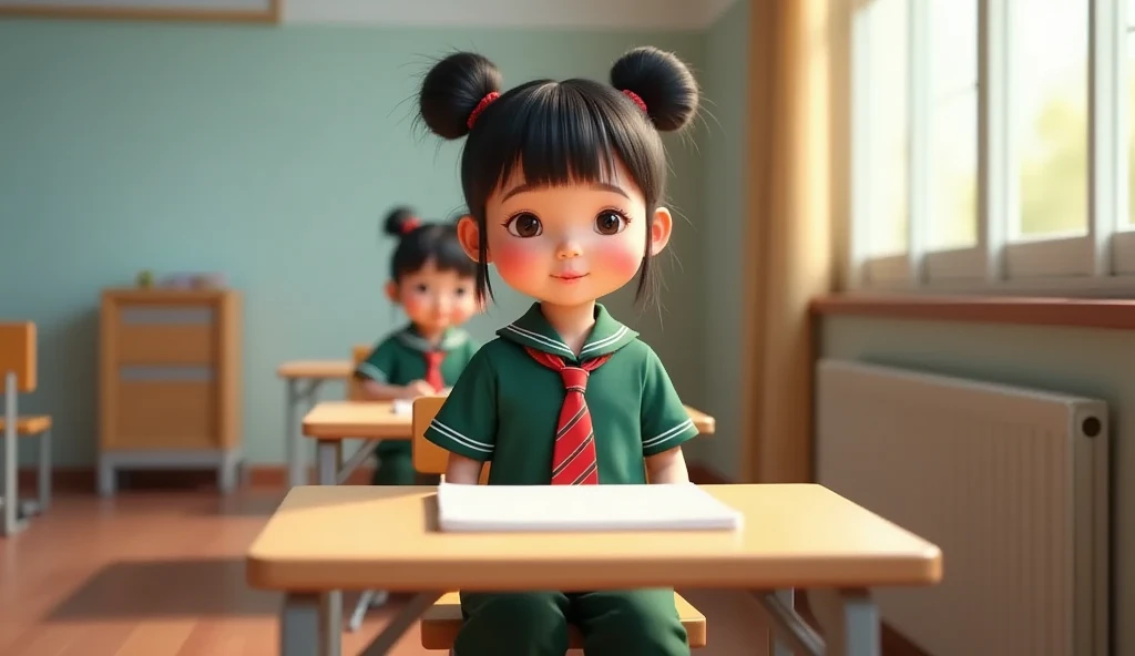 ((picture taken from the front)) wearing an Indonesian kindergarten dark green uniform, a tie with a combination of red and white vertical stripes, wearing a dark green skirt ((matching the color of the uniform)), sitting, student desk, learning atmosphere at school.