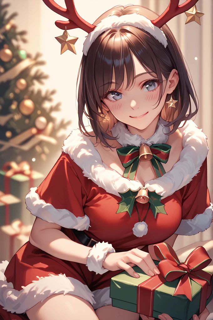 Alone,  High resolution , breasts, smile, blush,  Christmas costume  , Gift in hand