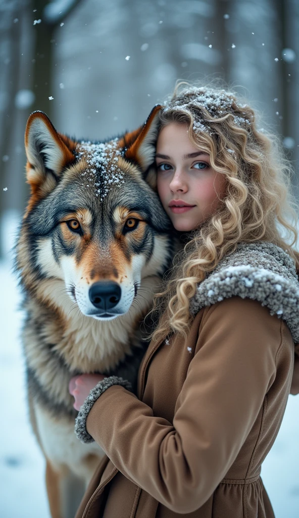 (dynamic angle:1.1), (cute face:1.2), dark sky, (nighttime:1.2), (rainy weather:1.2), detailed skin texture, furry, looking to the side, volumetric light, masterpiece, best quality, intricate details, subsurface scattering, young girl standing next a wolf, in the forrest