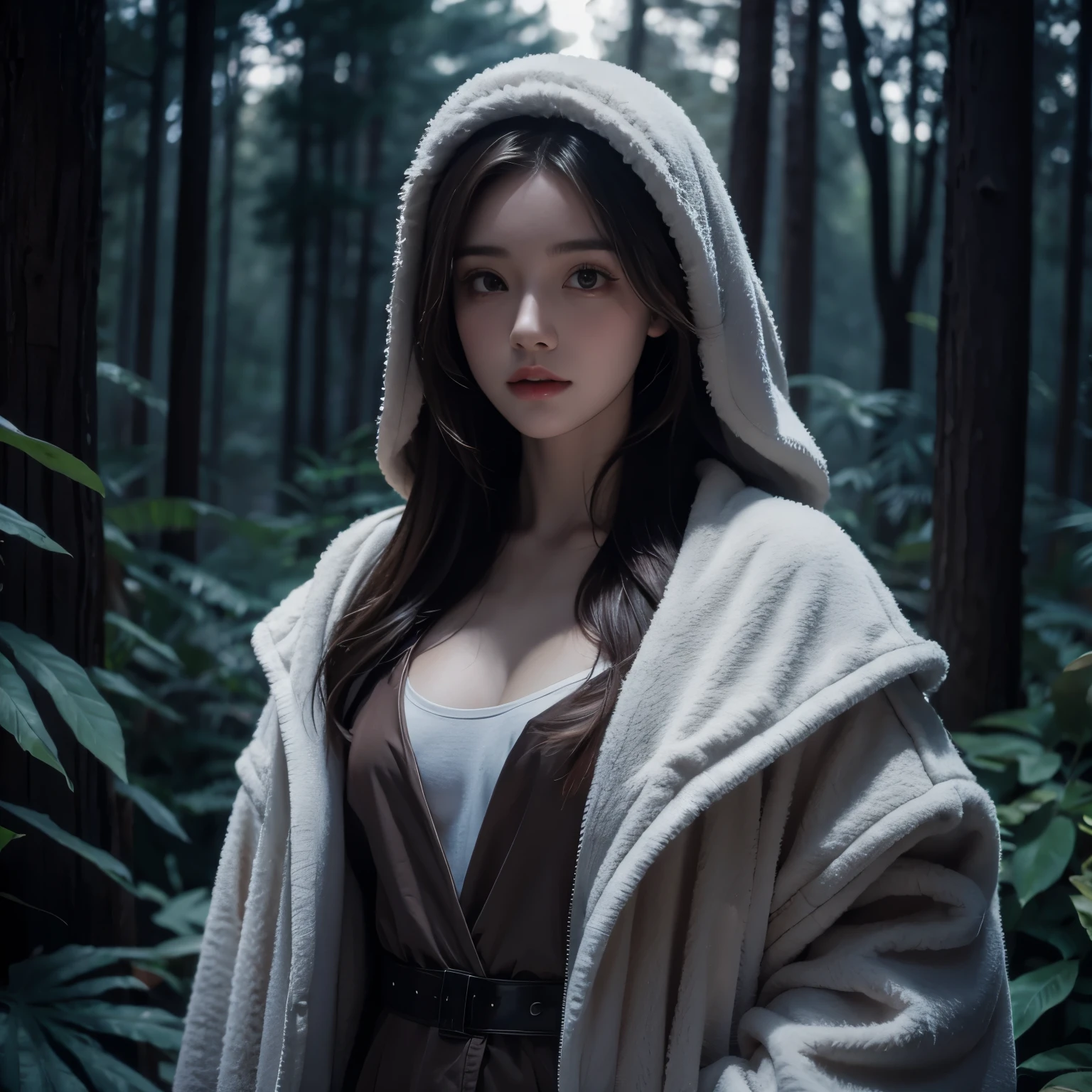  a beautiful girl in a grey robe standing in a dark forest, Epic Style, Octane Rendering, The desert makes up ,  beautiful face ,  surrealism ,