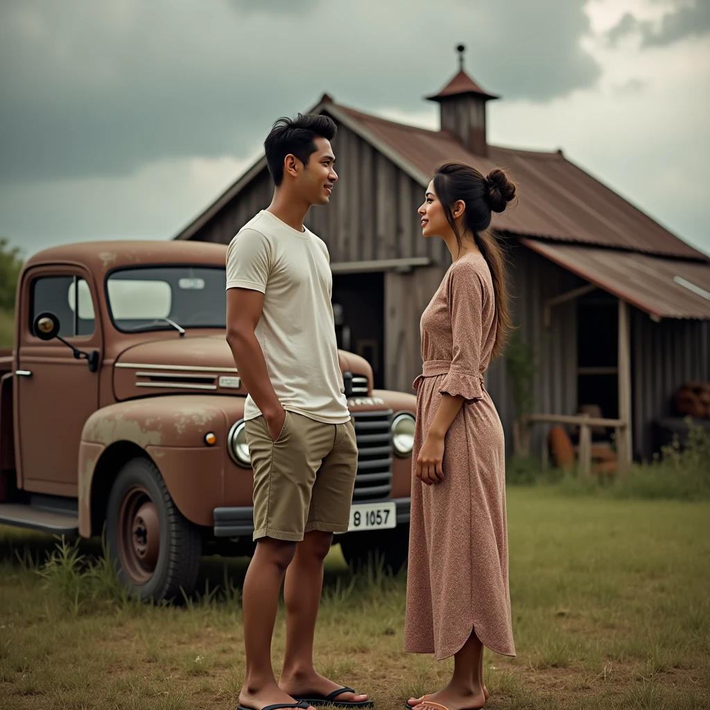 Three Thai bisexuals,Wear a colorful evening dress.,Different shapes,Tall,fat,lean,Bearded,Stacking on the back of a motorcycle,The backdrop is a field with swamps and beautiful large trees.,Evening atmosphere,There's a ghost chasing after him.