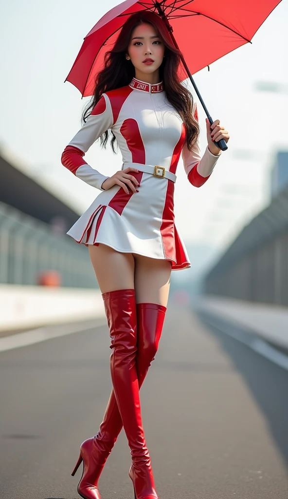 Photo of a 50-year-old woman with brown hair, a captivating gaze, Brown eyes, Wrinkles on her face, Black pantyhose,Black High Heel Boots,She wears very sexy lingerie underwear、、Revealing her large sagging breasts, Light makeup and red lips. 32K