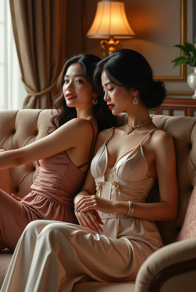 42 year old mother and 22 year old daughter in a European palace bedroom。Both of them are wearing thin, short camisole nightgowns.。The two of them are staring at me, seducing me and pleading with me.。photograph
