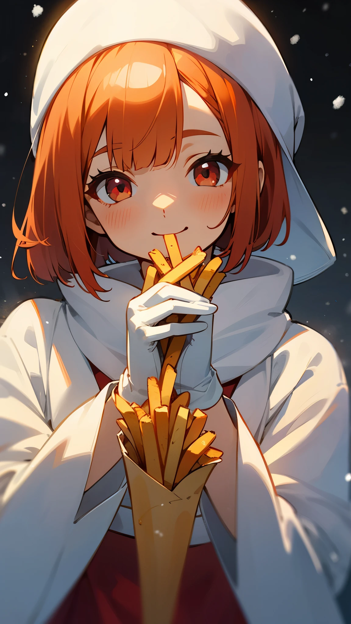 1 person、 ******* girl、 bob cut、 bright orange hair、Red eyes、smile、 upper body closeup without left arm、 eats french fries、snow、ice、cold、 red Santa Claus costume 、winter、 white gloves、White scarf、snowが積もった