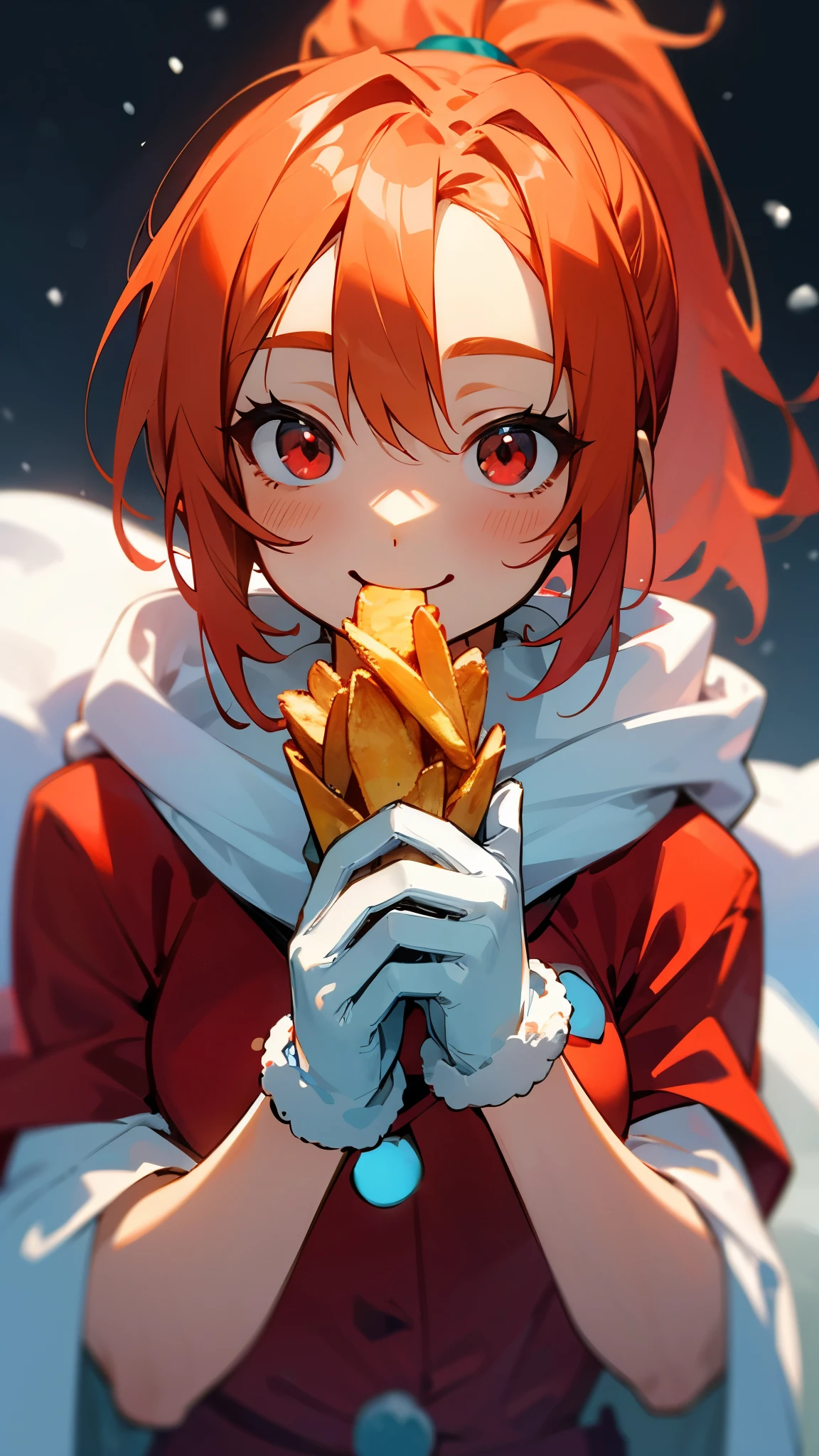 1 person、  girl、 Ponytail、 bright orange hair、Red eyes、smile、 upper body closeup without left arm、 eats french fries、snow、ice、cold、 red Santa Claus costume 、winter、 white gloves、White scarf、snowが積もった