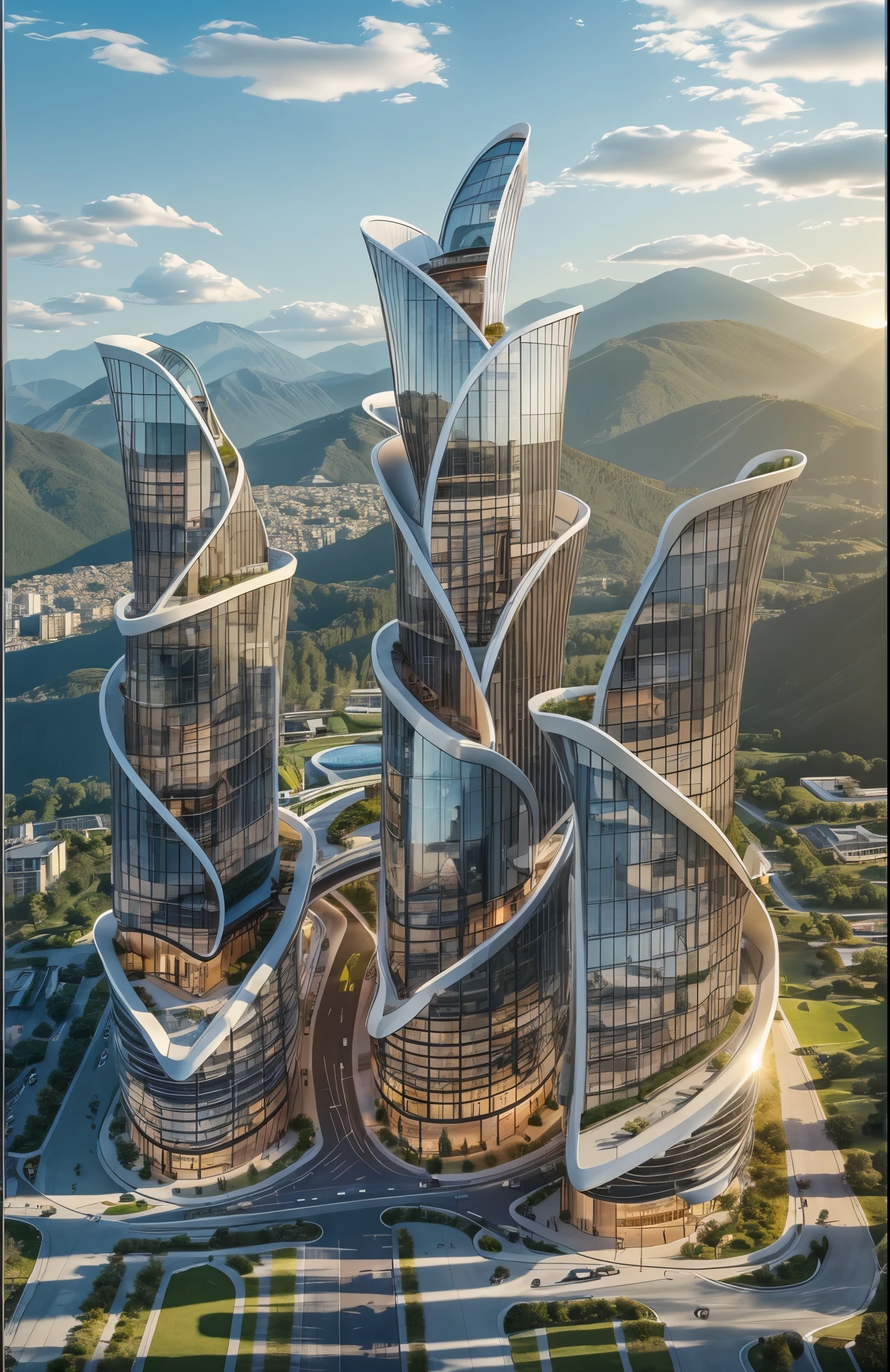 Building design , cars, tree, Hotel design, day light , outstanding, single tall building, blue sky.  City and mountain at the background 