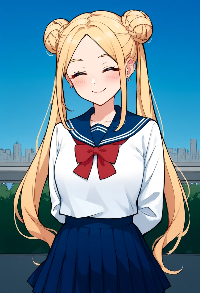 score_9, score_8_up, score_7_up, score_6_up, source_anime, 1girl, solo, slrmn, twintails, double bun, blonde hair, very long hair, parted bangs, stud earrings, blue sailor collar, white shirt, long sleeves, red bowtie, brooch, blue skirt, pleated skirt, school uniform, blue sky, tree, city, looking at you, smile, arms behind back, blush, closed mouth, closed eyes, happy