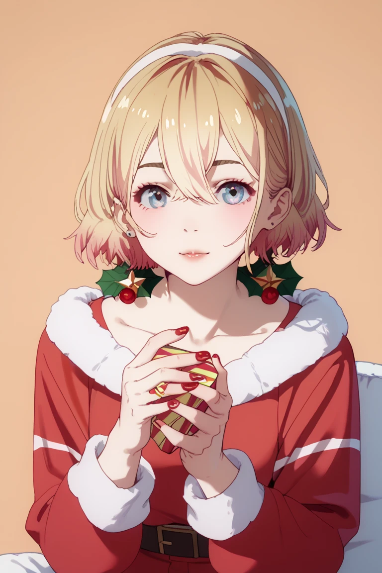  a girl, Alone,  Christmas costume , Gift in your hands