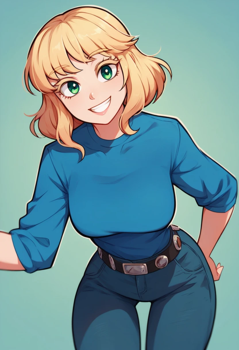 score_9, score_8_up, score_8, medium breasts, (curvy), cute, eyelashes,       ,,, , zzNaniCloud, green eyes, blue shirt, pants, belt, BREAK, looking at viewer, ,,, smile, upper body, leaning forward, head tilt, ,,, embedding:zPDXL, Expressiveh, ,,, 