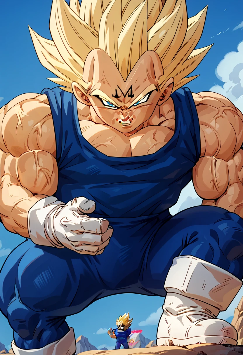  top quality,Anatomical, Big Muscles ,Demon Body,gigantic penis,Chibi,vegeta, unique dark blue outfit, white gloves, white boots, blonde hair, blue eyes