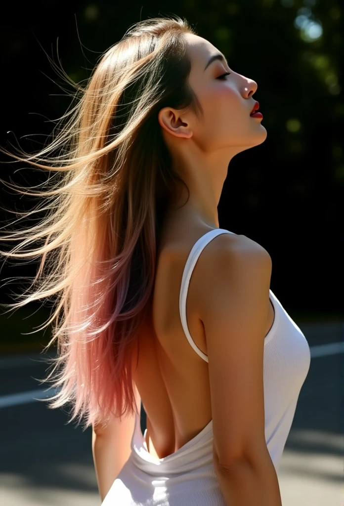 low angle side view portrays a woman with long, honey real skin, sleek gold pink, blue and green hair spreads, styled in soft, natural waves that frame her face. She exudes a sultry yet elegant allure, wear loose white tank top, tilt her face, windy, Hair blows in the wind and floats backwards, no cloth, bare skin, body drenched, very small round breasts, standing on the street and dark forest background, tilt head up,  climax expression face, sun raise back, heavy shadows, low nature light, very dark midnight, adding a subtle, feminine touch to the composition.
