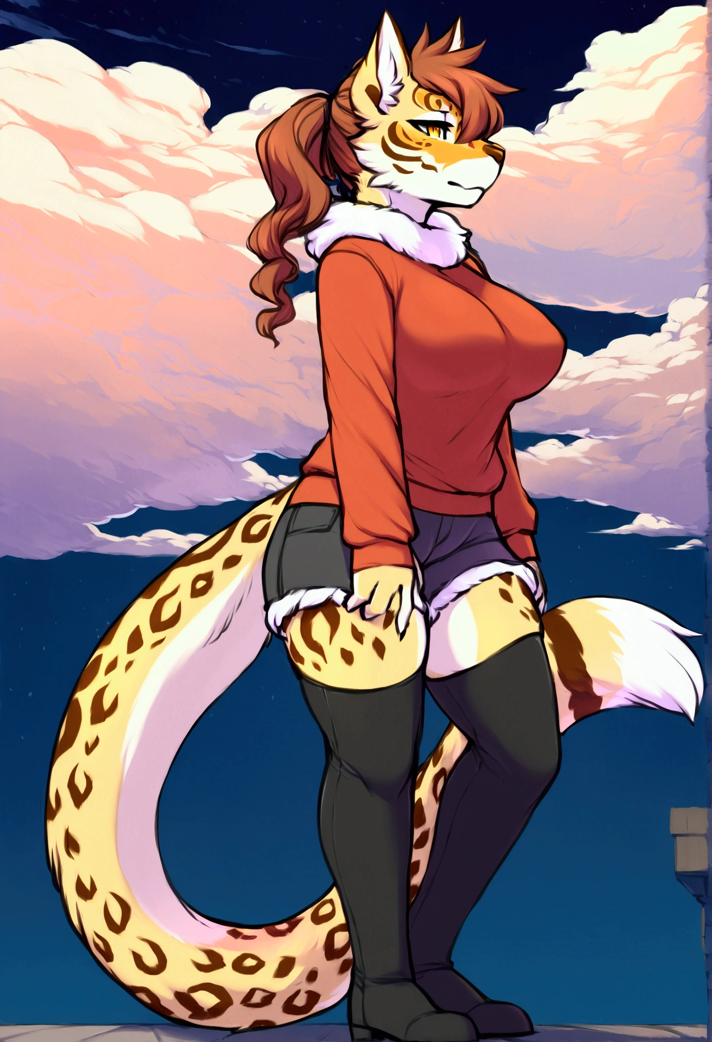female anthro Snow leopard,Brown long fluffy hair, fluffy hair, squirrel ears, hyena, big breasts, attractive, knitted hole dress, thicc body, thicc body, thicc, freckles, freckles on face, neutral expression, smug eyes, garter belt tights, she is standing (thick thighs:1.5) bent over (low angle view)