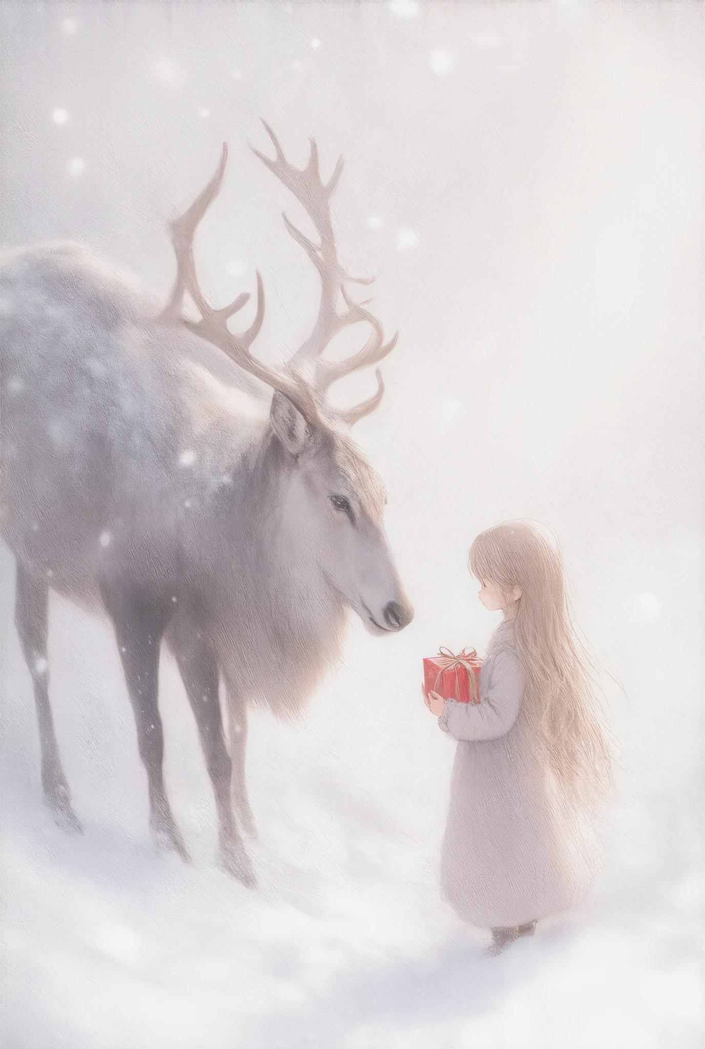 Very cute characters, snowy landscape with silver snowflakes and Swarovski particles, lens flare of sunlight, pale light pastel white all over, mystical snow world, dream story, soft focus, blur, masterpiece, blur, masterpiece, super dense, super detailed, watercolor.

A tiny  is presenting a gift with a red ribbon to a big reindeer, girl kindness.

Chibi style girl and big reindeer, girl has long blonde hair, profile, background is painted with mixed media technique combining geometric snowflake painting and shiny little hearts. Vintage art.

Very fantastic atmosphere, snowy white smoky background, lots of snowflake patterns in the background, mysterious and enchanting unique art style, silver, pastel pink, pastel blue, dramatic lighting, dream story, highly detailed watercolor masterpiece, visual journey of scene and story, complex surrealism, masterpiece, super surreal, funny, dreamy, cute, blurry.