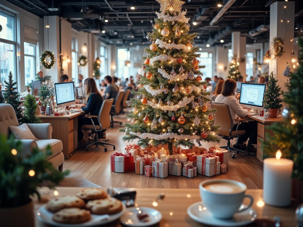 Panorama , High width ,  In the middle of a large office of an IT company ,  for Christmas decoration ,  there is a large Christmas tree ,  Decorated with orange orbs ,  white and silver ,  Holiday decorations such as garlands etc , wreath, Fairy lights ,  scattered some Christmas red and pine trees ,  Several workstations with laptops are visible ,  in the foreground a cozy rest area ， with comfortable armchair ,  A plate of Christmas cookies on the table ,  in a simple white cup Steamed coffee,  Warm and festive atmosphere ,  Very detailed and realistic ,  1024x1080 format , 300 resolution