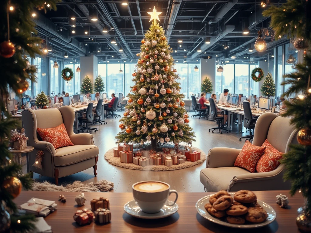 Panorama , High width ,  In the middle of a large office of an IT company ,  for Christmas decoration ,  there is a large Christmas tree ,  Decorated with orange orbs ,  white and silver ,  Holiday decorations such as garlands etc , wreath, Fairy lights ,  scattered some Christmas red and pine trees ,  Several workstations with laptops are visible ,  in the foreground a cozy rest area ， with comfortable armchair ,  A plate of Christmas cookies on the table ,  in a simple white cup Steamed coffee,  Warm and festive atmosphere ,  Very detailed and realistic ,  1024x1080 format , 300 resolution