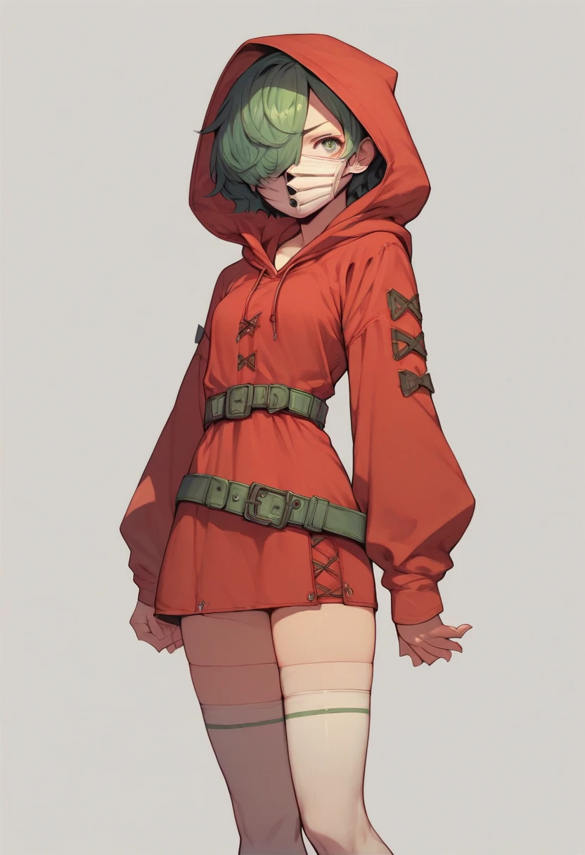 score_9,score_8_up,score_7_up BREAK shygalSDXL,1girl,solo,short hair,thighhighs,dress,green hair,belt,hood,hair over one eye,white thighhighs,zettai ryouiki,hoodie,mask,short dress,red dress,hood up, t